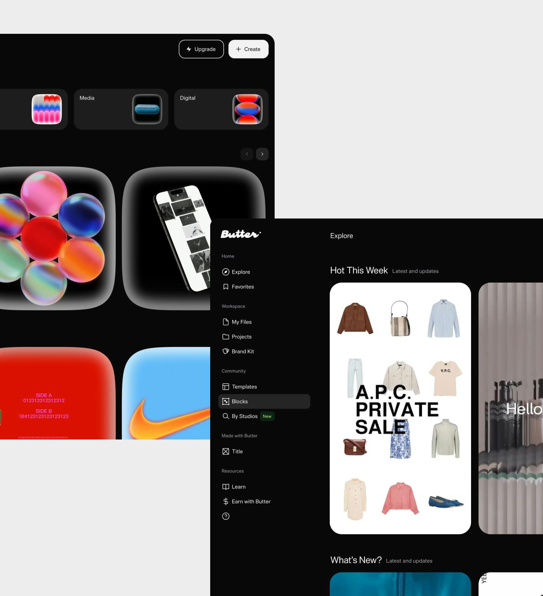 Collage of Butter template and media library screens