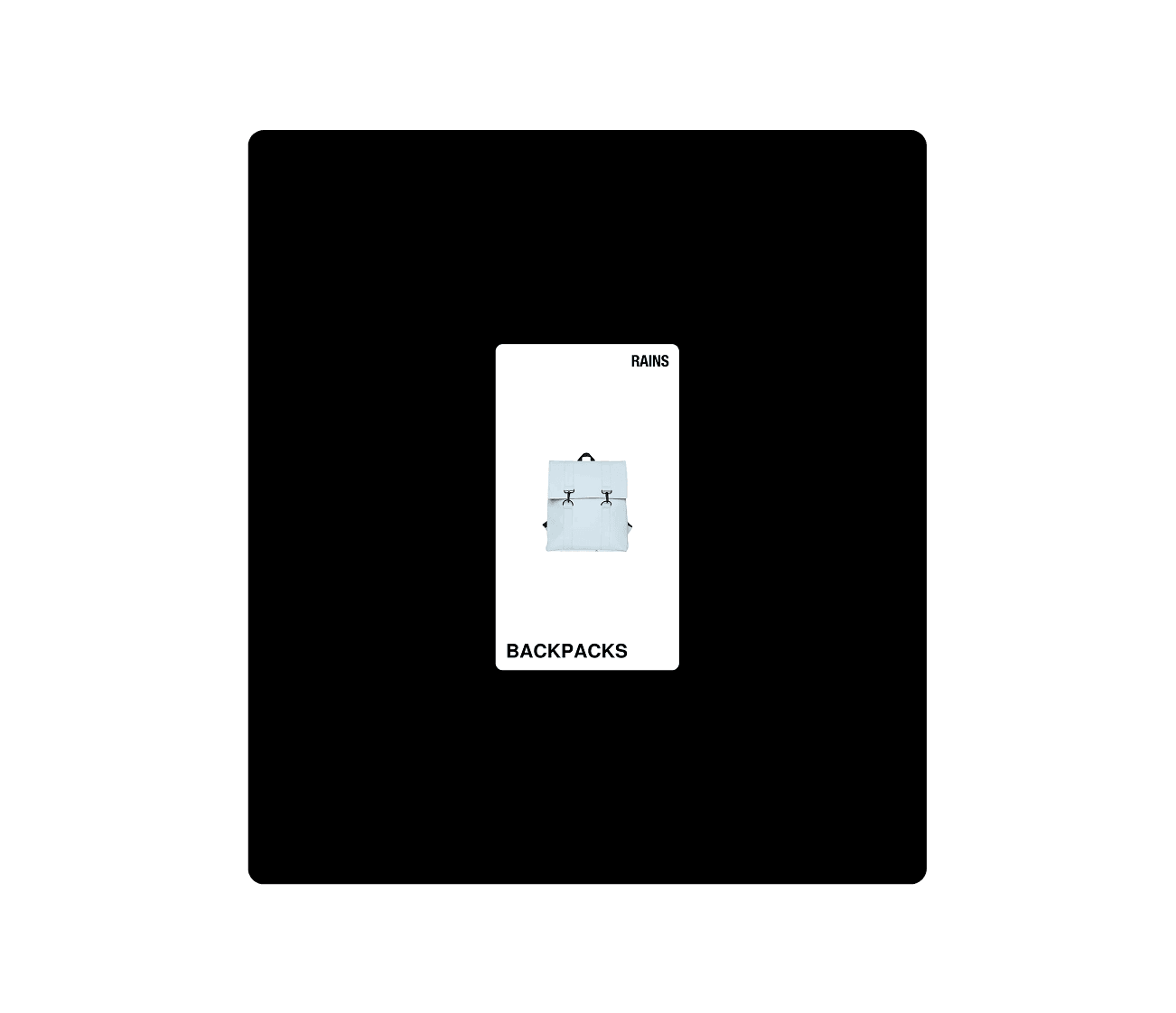 Minimal Rains backpack product card on a Butter canvas
