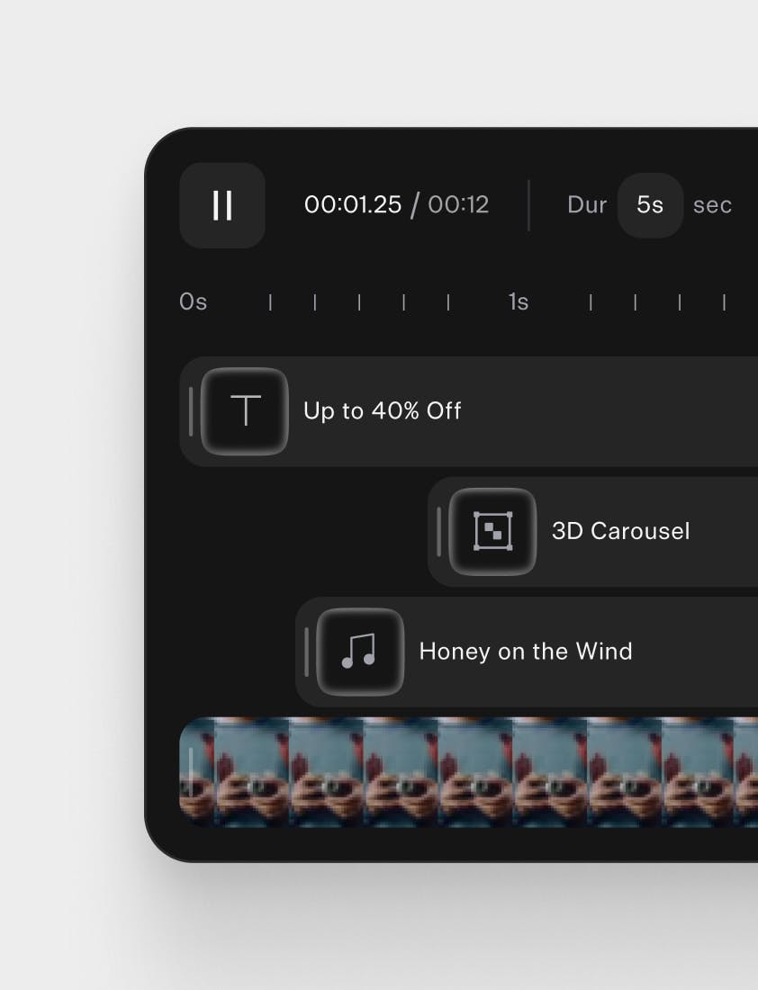 Butter timeline with text, carousel, audio, and video tracks