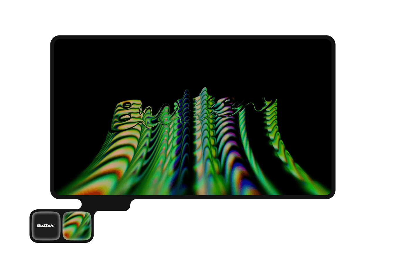 Colorful WebGL artwork displayed on desktop and mobile canvases